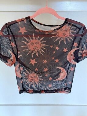 SweatyRocks Women's Short Sleeve Graphic Print Mesh Crop Sheer See Through Top